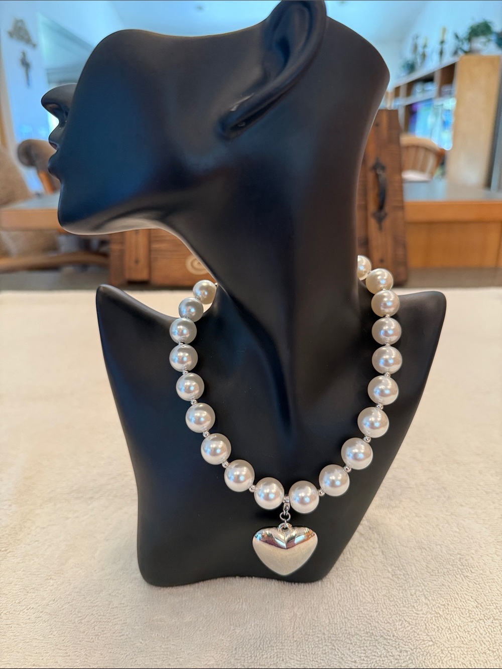 Pearl Bead Necklace with Silver Heart Pendant